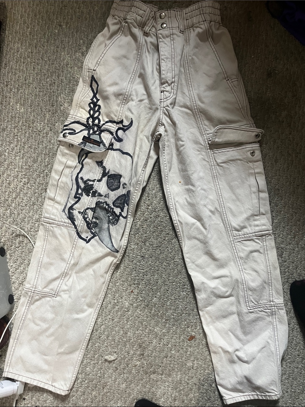 Women’s Cream Cargo Pants with Skull Graphic